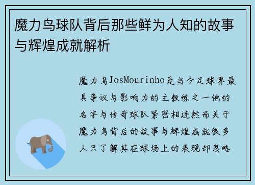 魔力鸟球队背后那些鲜为人知的故事与辉煌成就解析