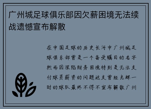 广州城足球俱乐部因欠薪困境无法续战遗憾宣布解散