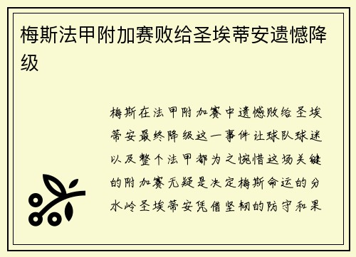 梅斯法甲附加赛败给圣埃蒂安遗憾降级